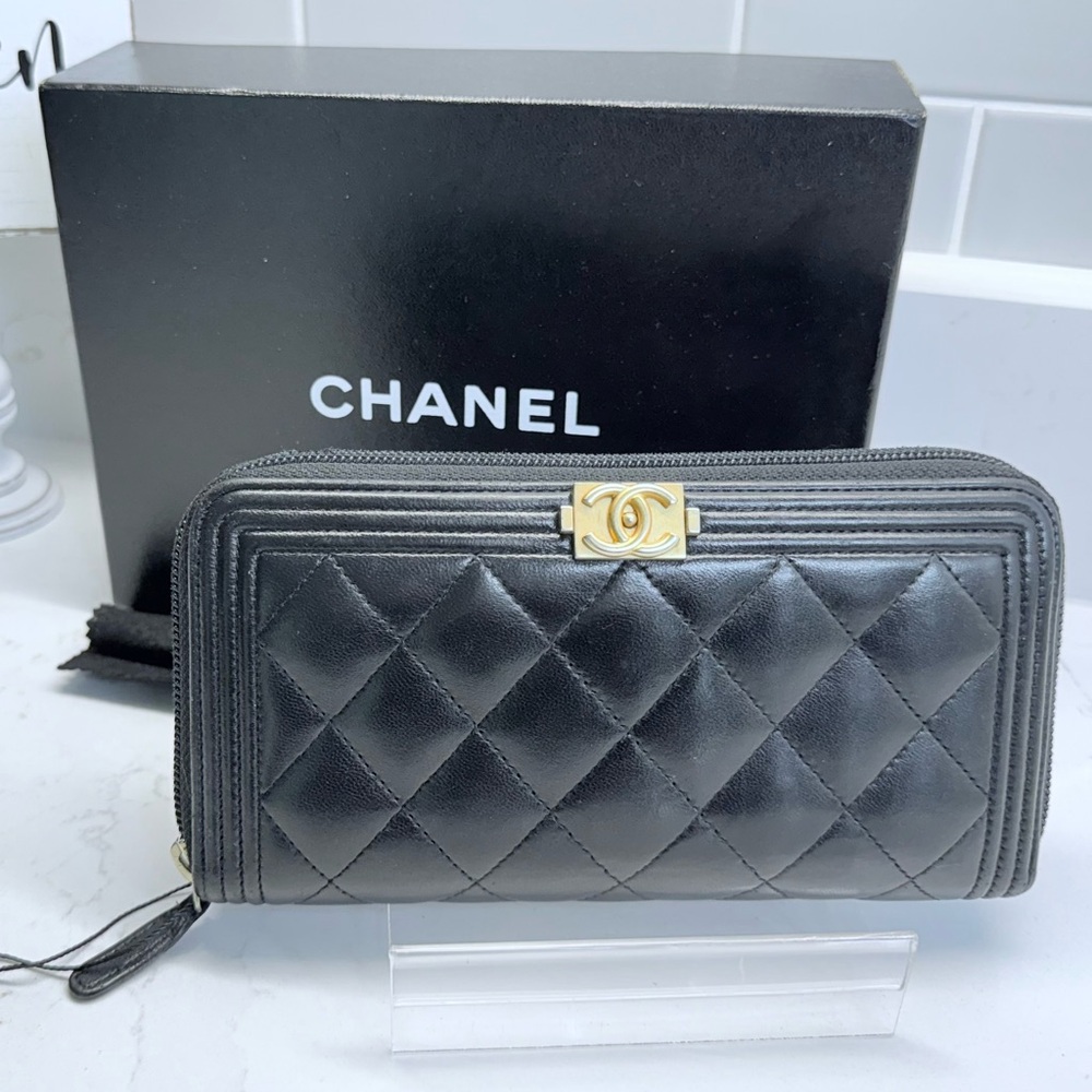Authentic Chanel Lambskin Black Boy Zip Wallet